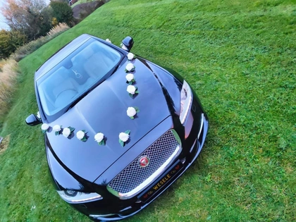 Jaguar XJ udekorowany czerwonymi kwiatami na maskę
