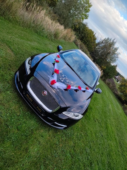 Czarny Jaguar XJ z tablicą Młoda Para